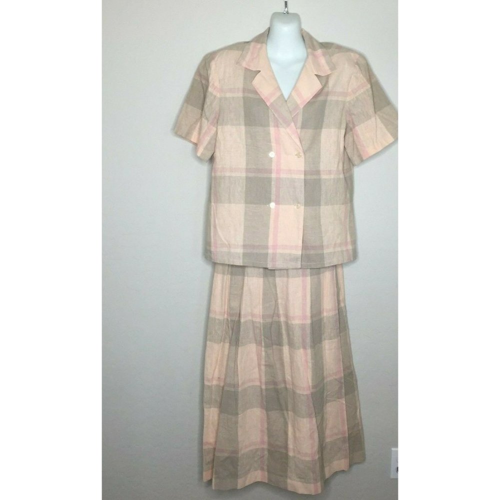 Vintage 80s Womens Michelle Stuart Skirt Suit Set Pink Brown Plaid 6/8